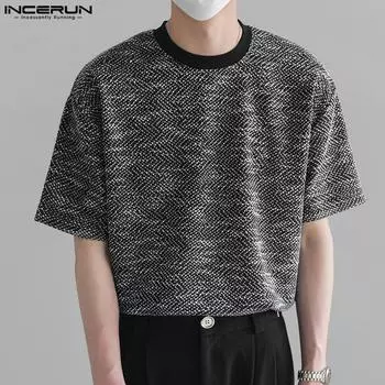 INCERUN Летние мужские футболки с коротким рукавом и круглым вырезом, трикотажные топы S чёрный