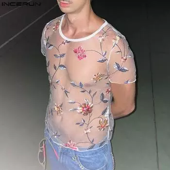 INCERUN летние мужские футболки с короткими рукавами и цветочной вышивкой, сетчатые прозрачные пляжные топы