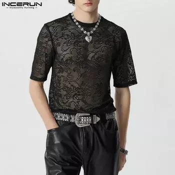 INCERUN Летние мужские футболки с круглым вырезом и коротким рукавом, кружевные вязаные крючком