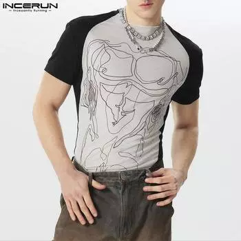 INCERUN Летние мужские футболки с круглым вырезом и коротким рукавом с принтом и прозрачной сеткой