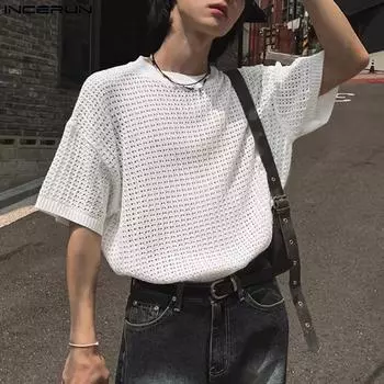 INCERUN Летние мужские футболки с круглым вырезом и короткими рукавами, кружевные пляжные топы S чёрный