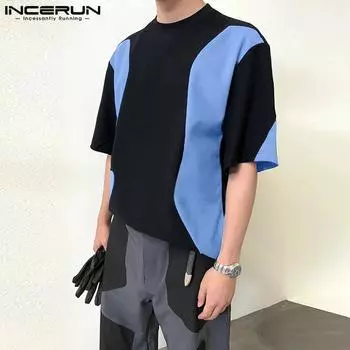 INCERUN Летние мужские футболки с круглым вырезом и коротким рукавом в полоску, топы с принтом в стиле пэчворк S синий