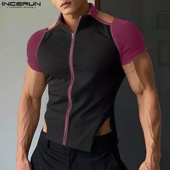 INCERUN Летние мужские футболки с вырезом и коротким рукавом, на молнии, с неровной строчкой, облегающие топы M белый