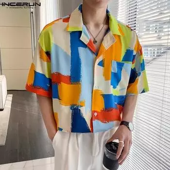 INCERUN Летние мужские гавайские рубашки с цветным принтом и воротником с лацканами S синий