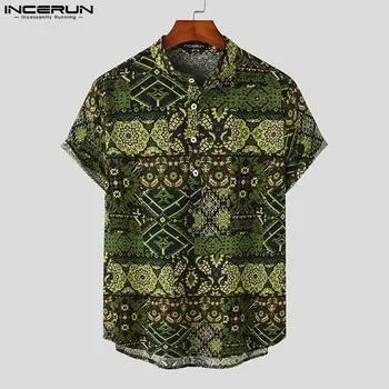 INCERUN Летние мужские хлопковые праздничные рубашки с короткими рукавами и принтом