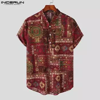 INCERUN Летние мужские хлопковые рубашки с короткими рукавами и принтом