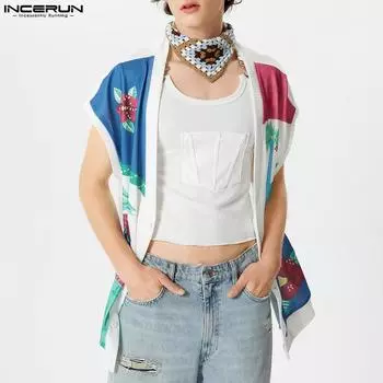 INCERUN Летние мужские кардиганы с глубоким V-образным вырезом и цветочным принтом, вязаные свободные пляжные топы S белый