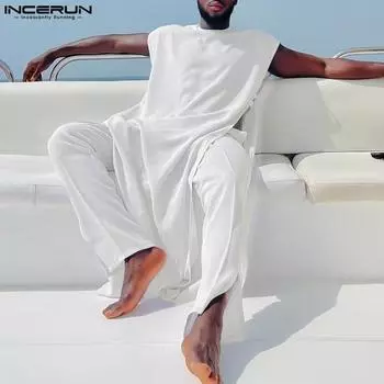 INCERUN Летние мужские комплекты из 2 предметов, топы без рукавов, длинные брюки с эластичной резинкой на талии M чёрный