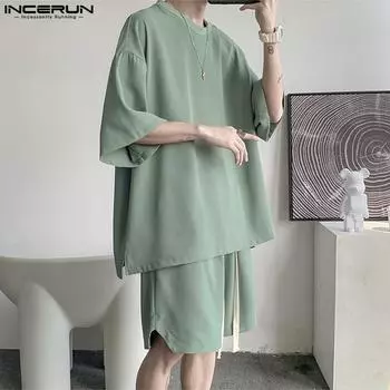 INCERUN летние мужские комплекты из 2 предметов, футболки с короткими рукавами, топы, шорты с эластичной резинкой на талии S зелёный