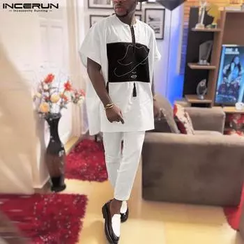 INCERUN летние мужские комплекты из 2 предметов с цветной строчкой, топы с короткими рукавами, длинные брюки 2XL белый