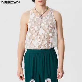 INCERUN Летние мужские кружевные полые длинные майки без рукавов M чёрный