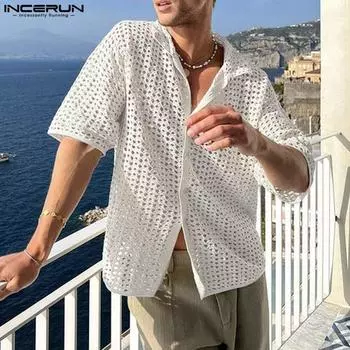 INCERUN Летние мужские кружевные полые пляжные праздничные рубашки с короткими рукавами S белый