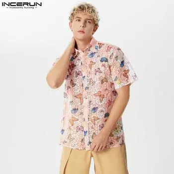 INCERUN летние мужские кружевные сетчатые рубашки с лацканами и принтом, праздничные прозрачные топы