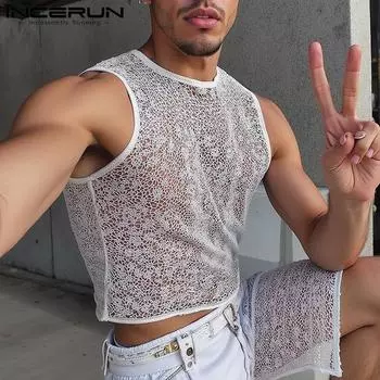 INCERUN Летние мужские кружевные сетчатые топы без рукавов с прозрачным верхом для вечеринок S