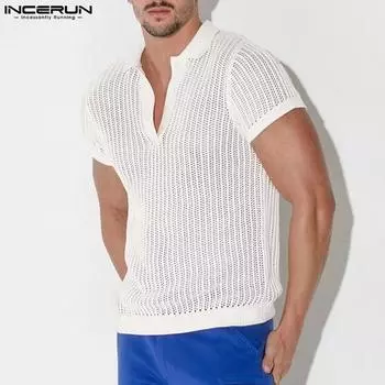 INCERUN Летние мужские кружевные топы с короткими рукавами Праздничные пляжные вязаные крючком полые футболки 2XL белый