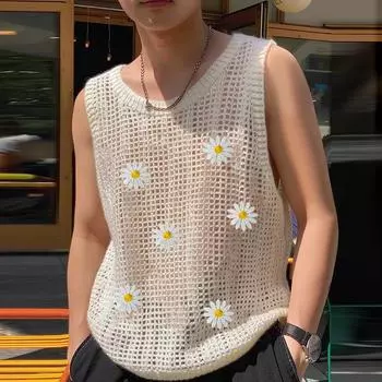INCERUN Летние мужские кружевные вязаные крючком без рукавов ажурный жилет пляжные майки с цветочным принтом