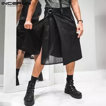 INCERUN Летние мужские лоскутные уникальные черные юбки со свободным низом и высокой талией XL чёрный