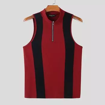 INCERUN Летние мужские майки без рукавов на молнии с полосками, облегающие футболки-борцовки L красный