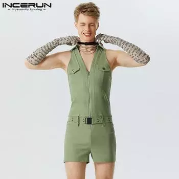 INCERUN Летние мужские майки без рукавов, простые брюки на молнии, комбинезоны 3XL светло-зеленый