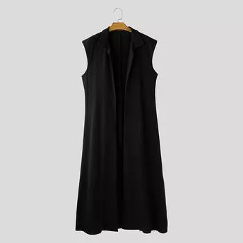 INCERUN Летние мужские майки без рукавов с воротником-стойкой, открытые спереди, повседневные, свободные, длинные майки-пальто S чёрный