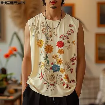 INCERUN Летние мужские майки без рукавов с принтом Повседневный свободный жилет 4XL зелёный