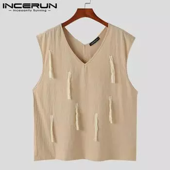 INCERUN Летние мужские майки без рукавов с кисточками, повседневные свободные футболки S зелёный