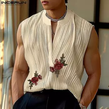 INCERUN Летние мужские майки без рукавов с V-образным вырезом, плиссированные, с цветочной вышивкой M чёрный