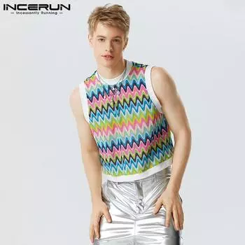 INCERUN Летние мужские майки без рукавов в полоску с принтом