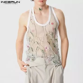 INCERUN летние мужские майки с цветочной вышивкой пляжный праздничный сетчатый жилет XL чёрный