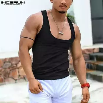 INCERUN Летние мужские майки-топы без рукавов с U-образным вырезом, облегающие майки-борцовки для спортзала, футболки M