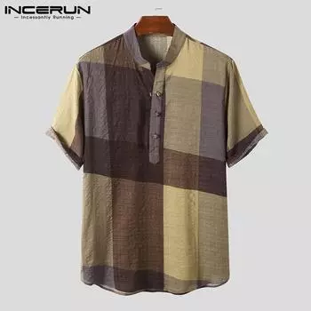 INCERUN Летние мужские модные хлопковые рубашки в клетку с короткими рукавами, повседневные свободные топы больших размеров S красный