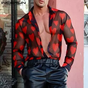 INCERUN летние мужские модные прозрачные сетчатые рубашки с принтом в виде сердца с длинными рукавами и воротником с лацканами Клубная одежда повседневные свободные топы больших размеров