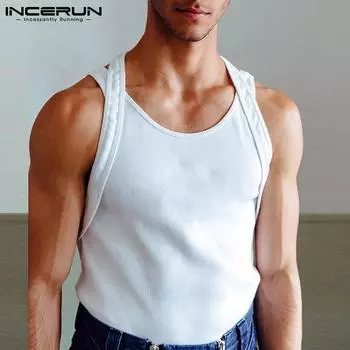 INCERUN/летние мужские модные топы, узкие эластичные рубашки, одежда для отдыха, жилеты, майка, однотонная повседневная тонкая спортивная блузка S-5XL