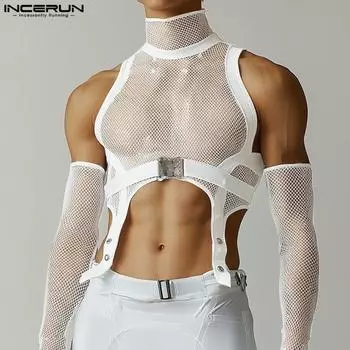 INCERUN Летние мужские нерегулярные тонкие майки с нарукавниками, сетчатые прозрачные топы без рукавов с вырезом S