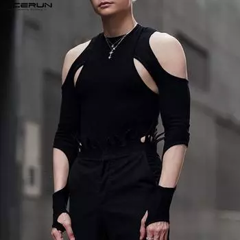 INCERUN Летние мужские облегающие черные топы с вырезами S чёрный