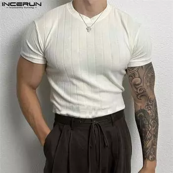 INCERUN Летние мужские облегающие топы с коротким рукавом, повседневные облегающие трикотажные футболки L темно-синий