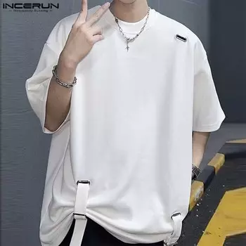INCERUN Летние мужские футболки с коротким рукавом и круглым вырезом, однотонные, с регулируемым подолом S чёрный