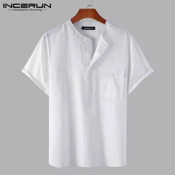 INCERUN летние мужские однотонные футболки с круглым вырезом и коротким рукавом, повседневные свободные топы, рубашка на пуговицах