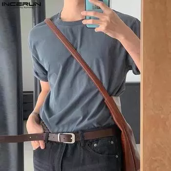 INCERUN Летние мужские однотонные футболки с круглым вырезом и коротким рукавом M синий