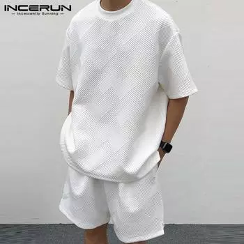 INCERUN Летние мужские однотонные комплекты из 2 предметов с короткими рукавами, топы и шорты