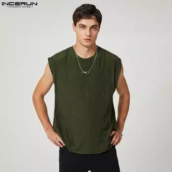 INCERUN Летние мужские однотонные майки без рукавов 3XL армия зеленый