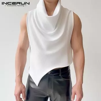 INCERUN Летние мужские однотонные майки без рукавов с воротником-хомутом нерегулярной формы M зелёный