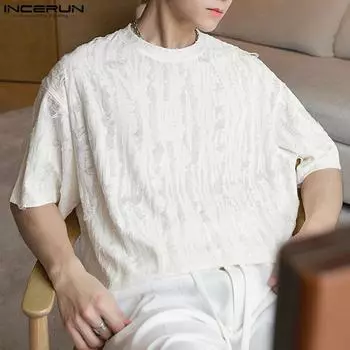 INCERUN Летние мужские однотонные мешковатые футболки с коротким рукавом и кисточками M белый