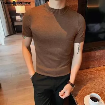 INCERUN Летние мужские однотонные облегающие футболки с короткими рукавами