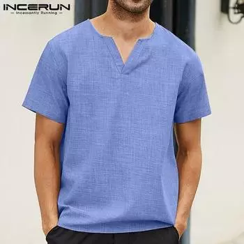 INCERUN Летние мужские однотонные праздничные топы с короткими рукавами