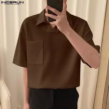 INCERUN Летние мужские однотонные рубашки-поло с короткими рукавами