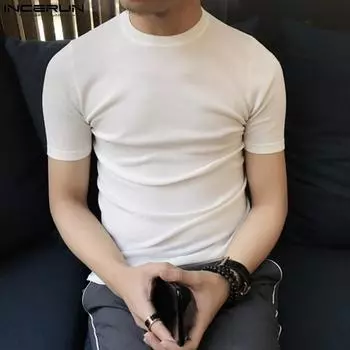 INCERUN летние мужские однотонные рубашки с коротким рукавом, облегающие футболки S серый