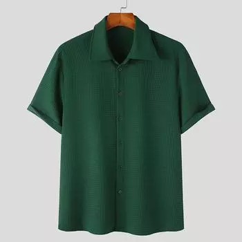 INCERUN Летние мужские однотонные рубашки с короткими рукавами зелёный