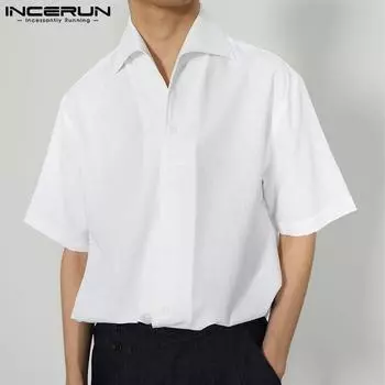 INCERUN Летние мужские однотонные рубашки с короткими рукавами