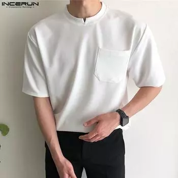INCERUN Летние мужские однотонные топы с круглым вырезом и короткими рукавами M чёрный
